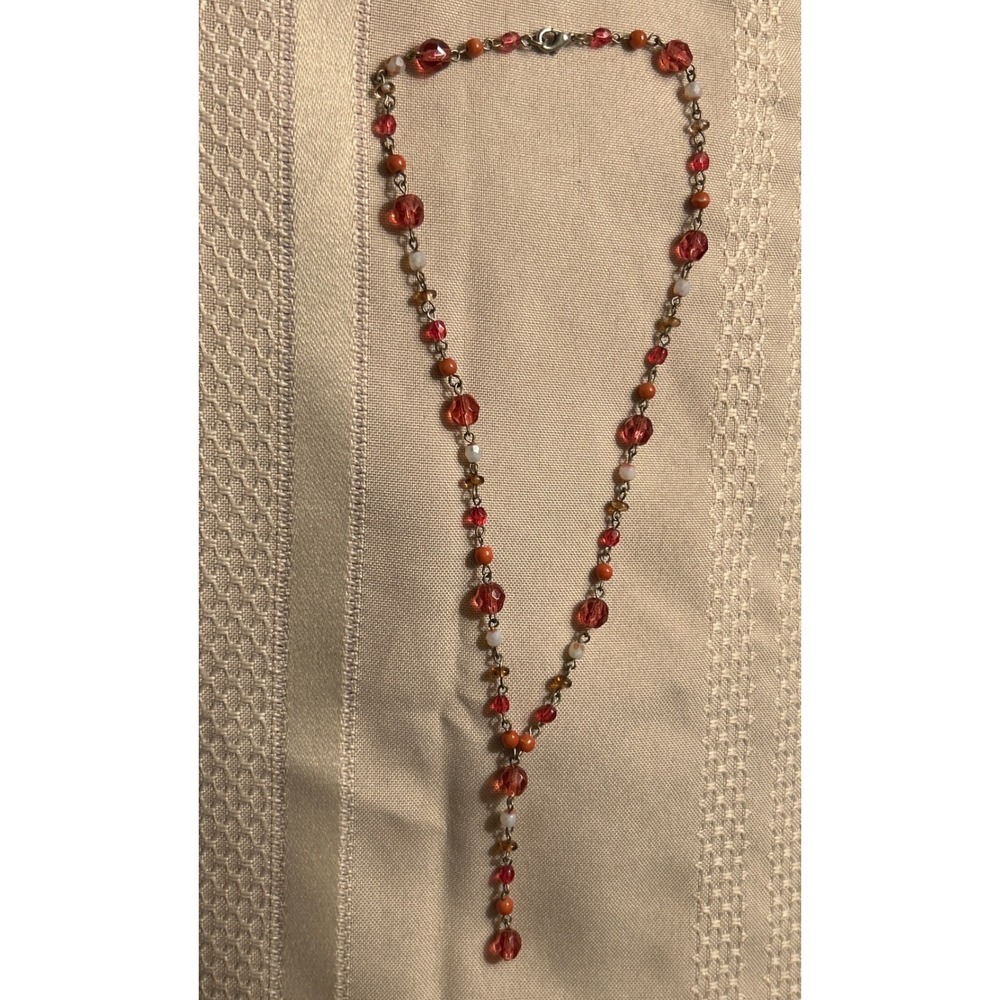 Red Orange Beaded Lariat Necklace Boho Y-Drop Glass Bead Silver Tone 15 Inch